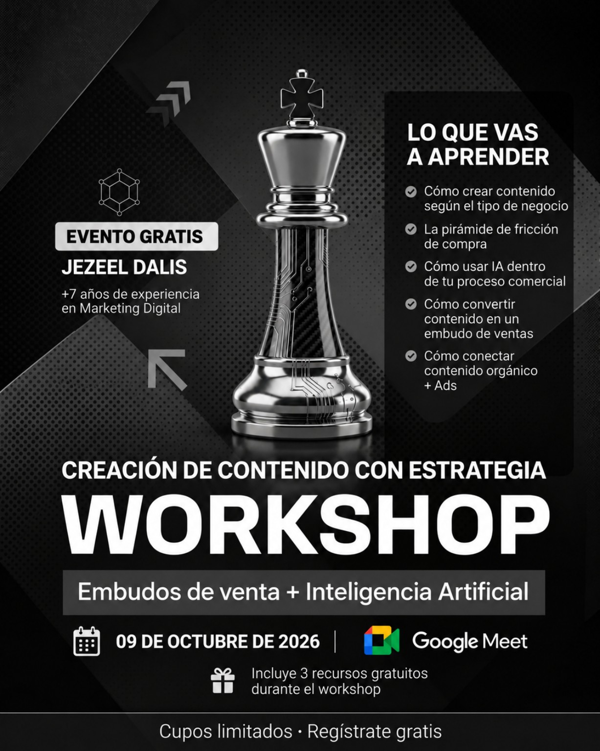 Flyer oficial del Workshop Creación de contenido con estrategia de Jezeel Dalis